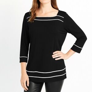 Karen Scott Tunic 100% Cotton 3/4 Sleeves Square Neck Casual Luxe White Black M